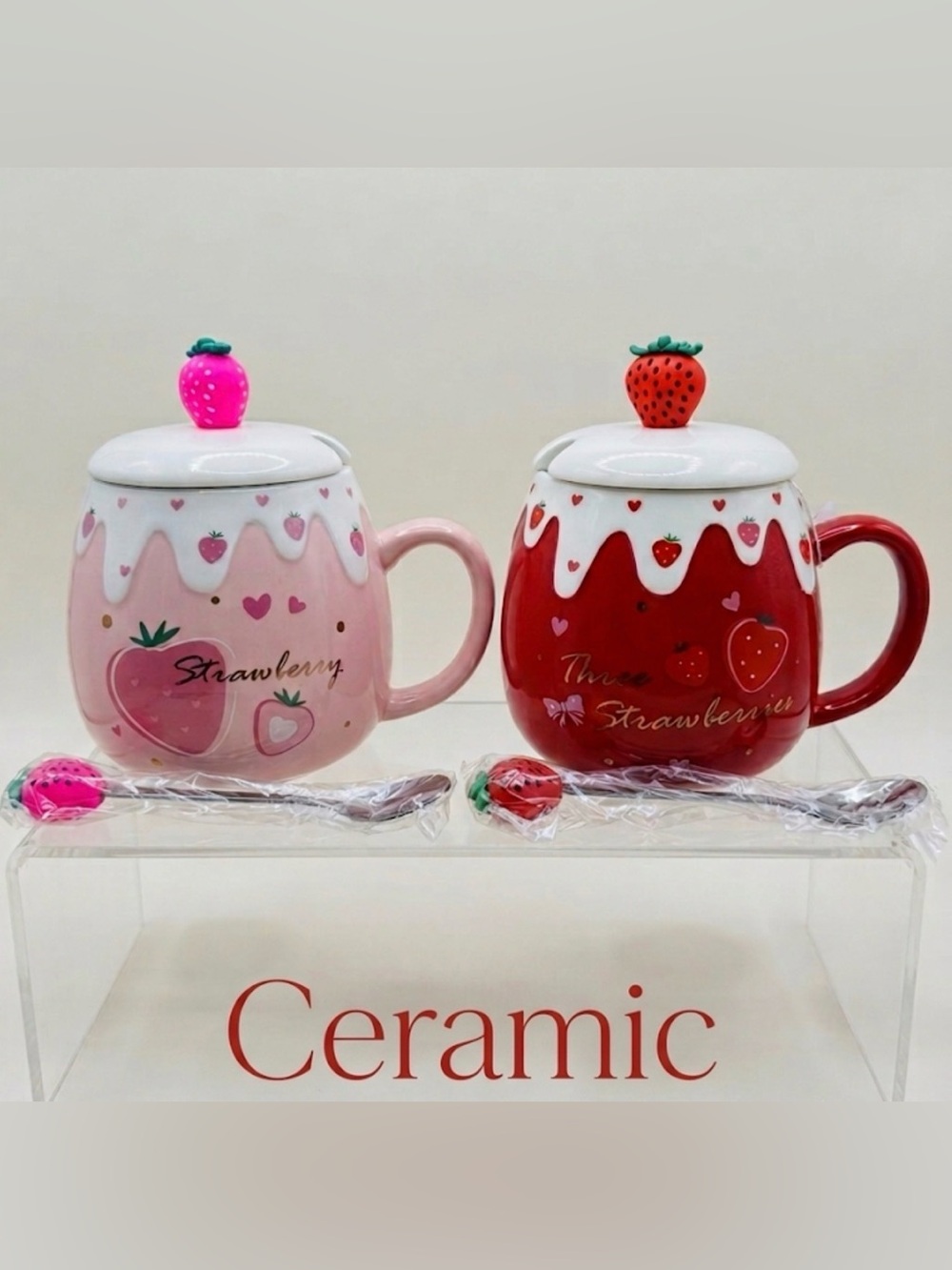 Marlú Strawberry Ceramic Mug Set of 2 with Lid & Spoon - 5" Cute Pink & Red Cups